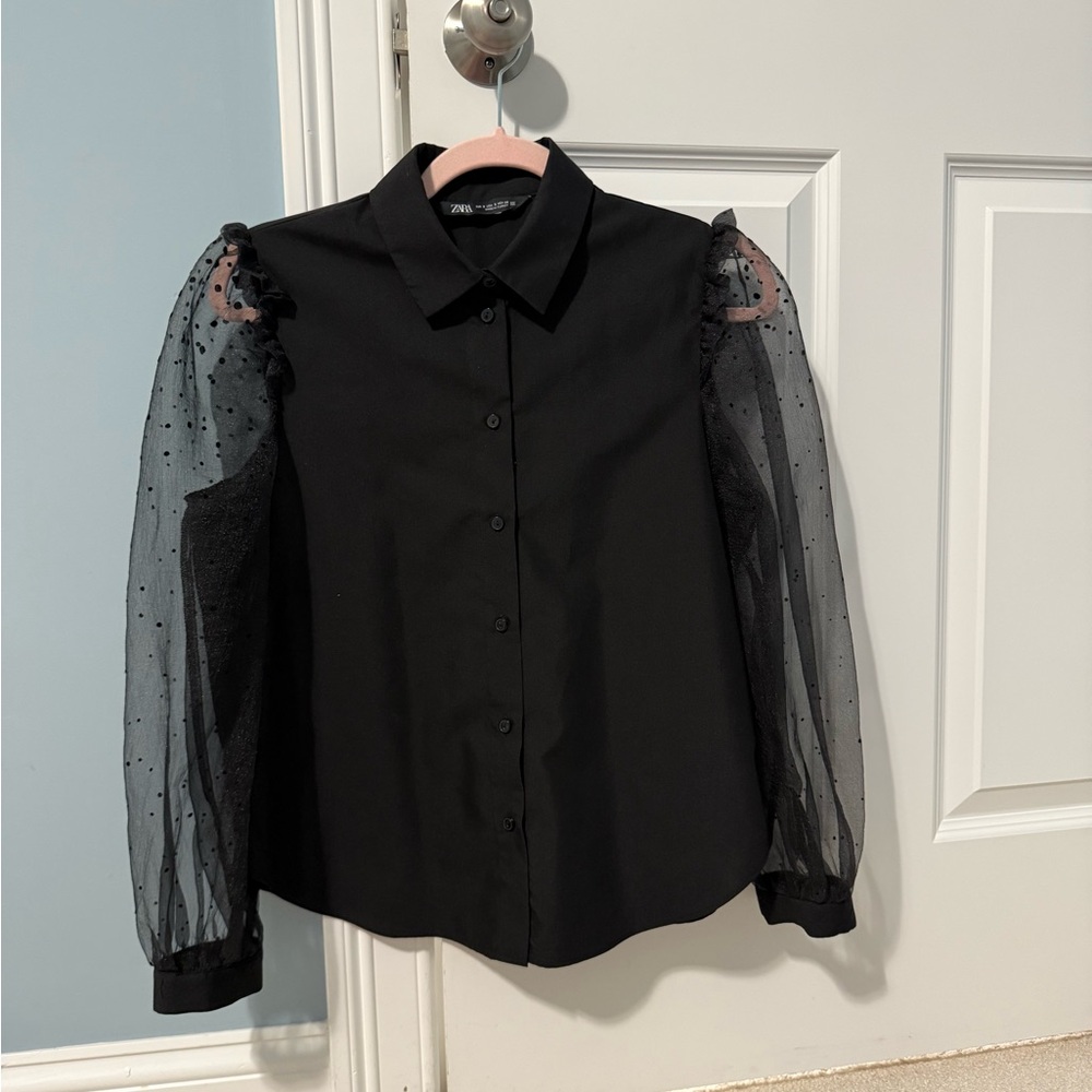 Zara Black Blouse with Sheer Sleeves